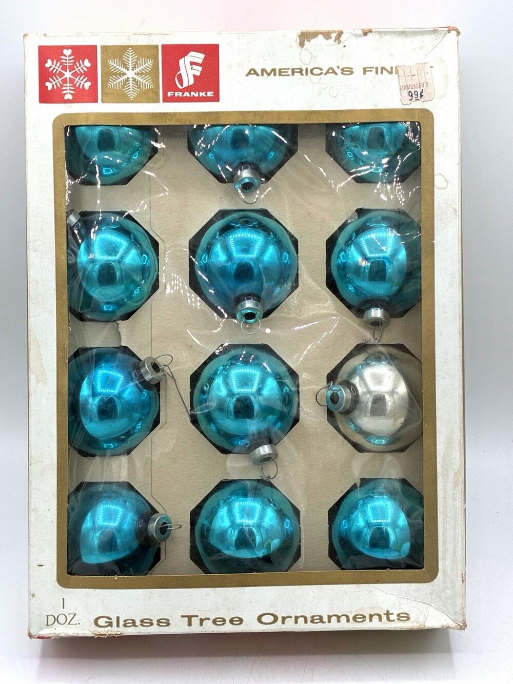 Vintage Franke Glass Christmas Ornaments, Boxed Dozen, Teal